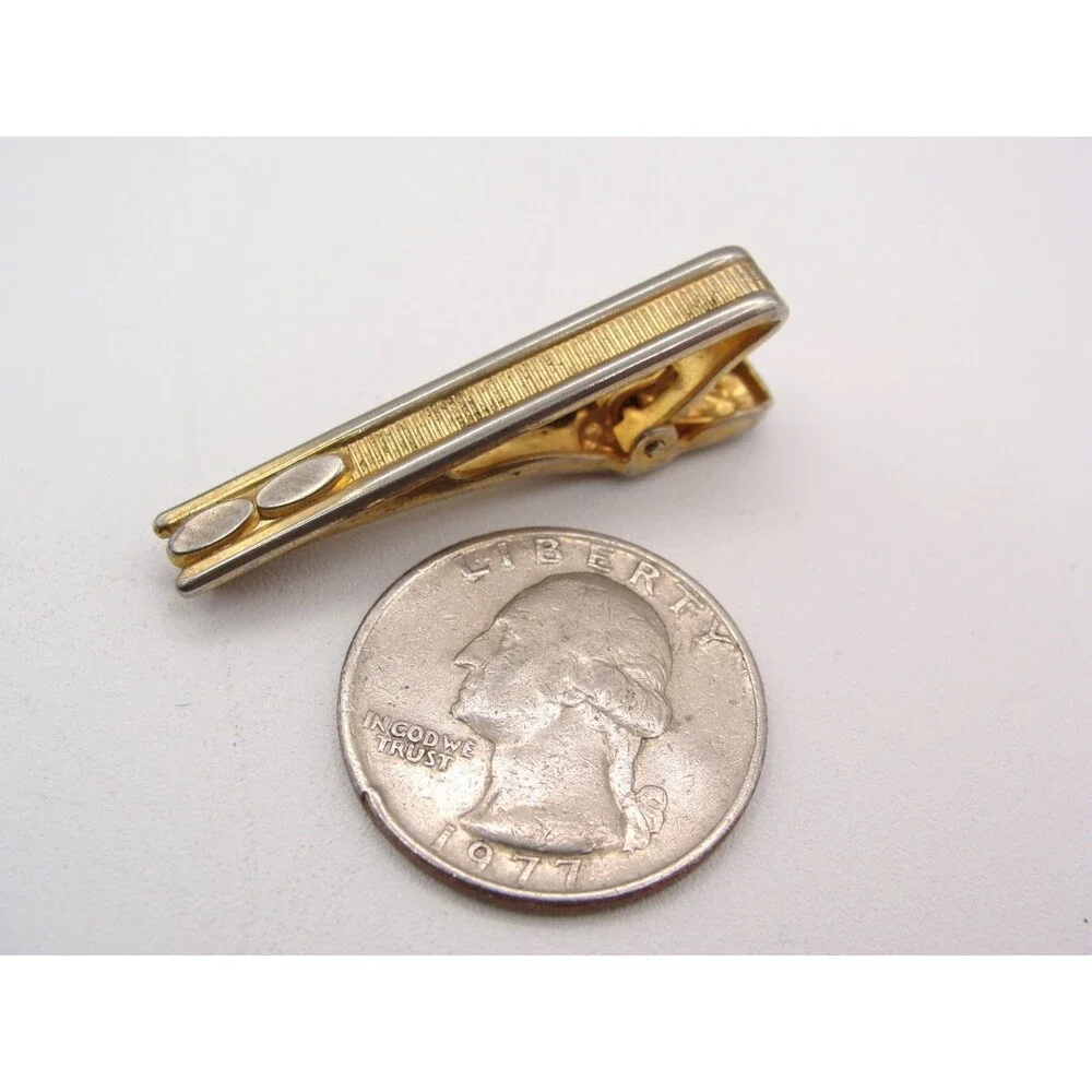 Vintage Two Tone Gold Silver Textured Tie Clip Bar Oval MCM Mens Wedding Jewelry